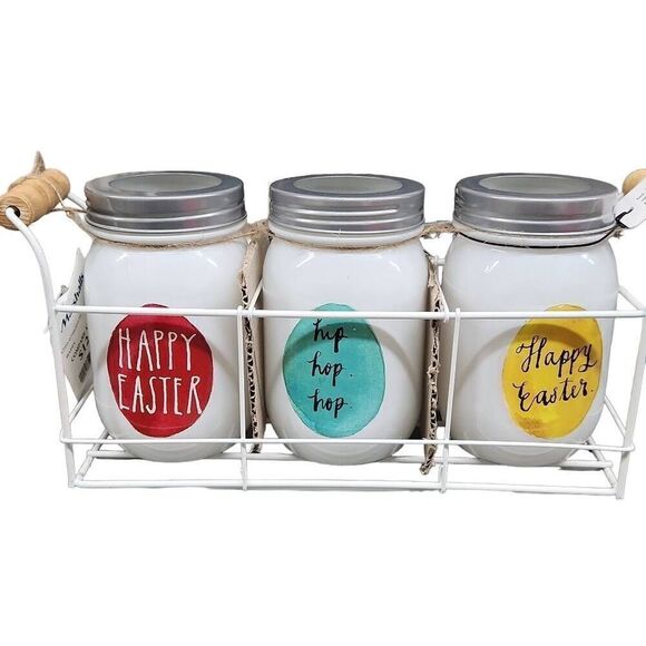 Rae Dunn Set of 3 Easter Candle Jars with Holder Rack Sept 4 2017 - Picture 1 of 7